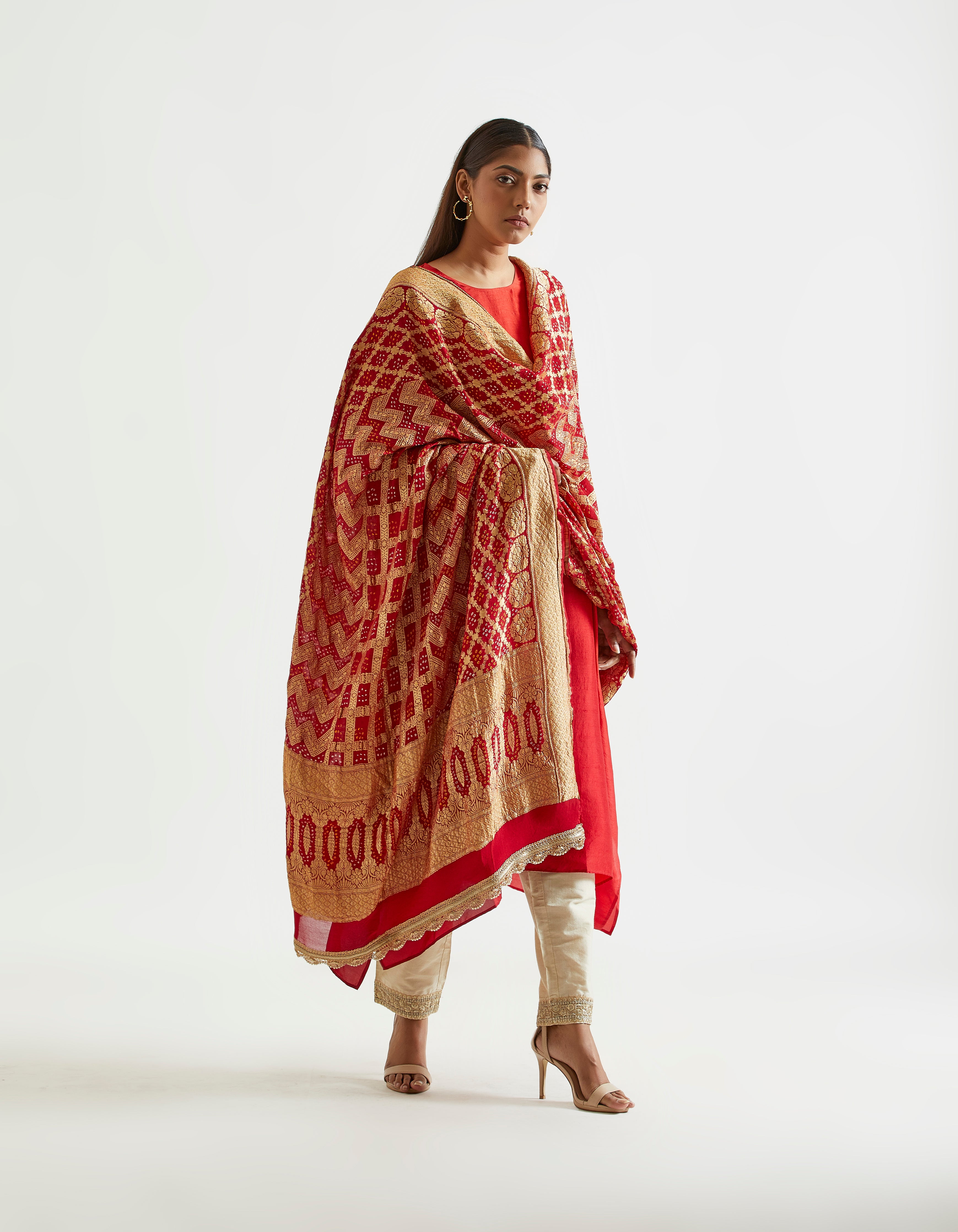 Red Orange Ombre Kurta with heavy Banarasi Bandhej Dupatta