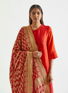 Red Orange Ombre Kurta with heavy Banarasi Bandhej Dupatta