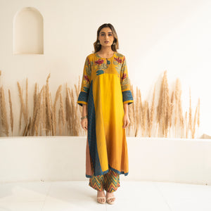 Yellow Ombre Kali mix and match Kurta set with dupatta and pants