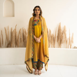 Yellow Ombre Kali mix and match Kurta set with dupatta and pants