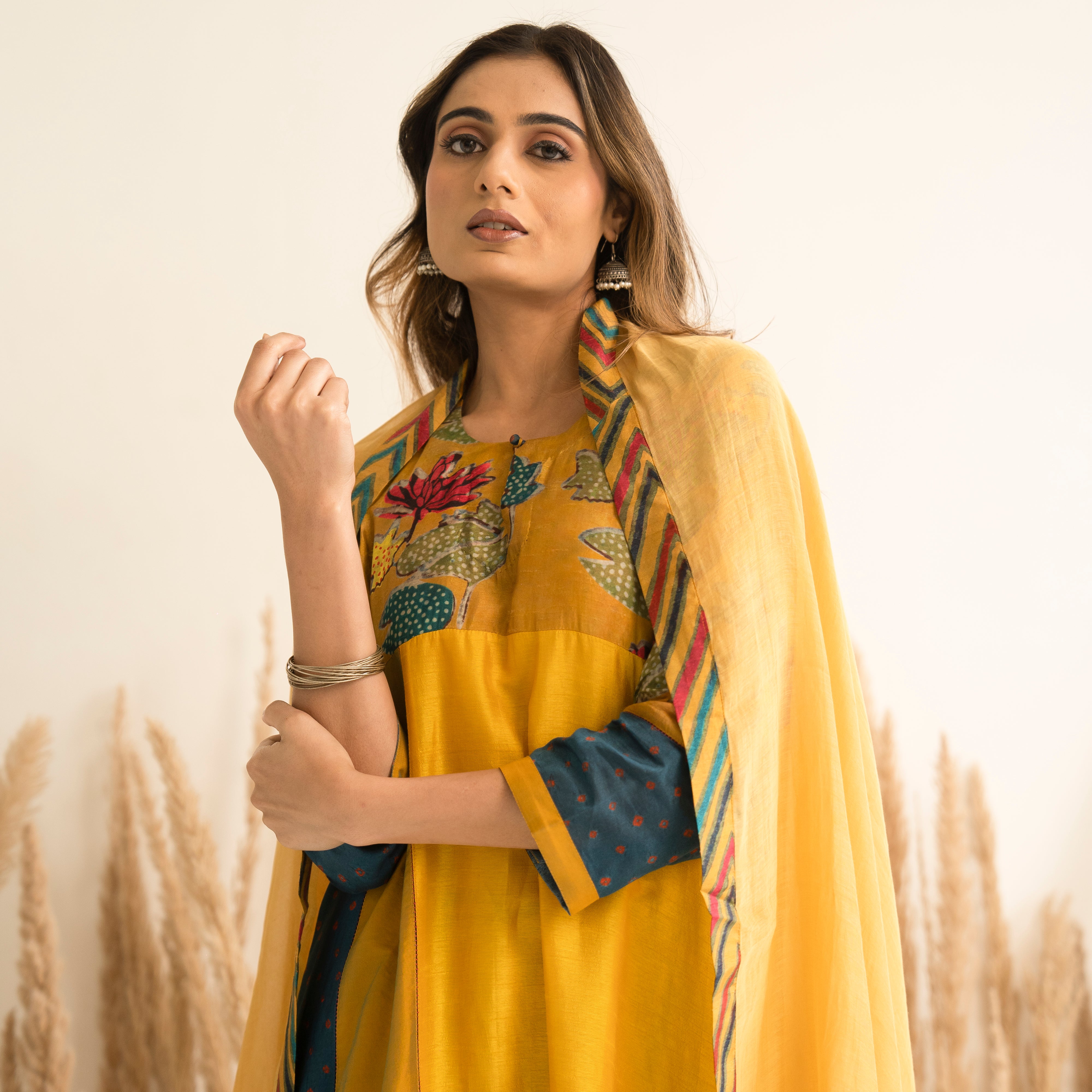 Yellow Ombre Kali mix and match Kurta set with dupatta and pants