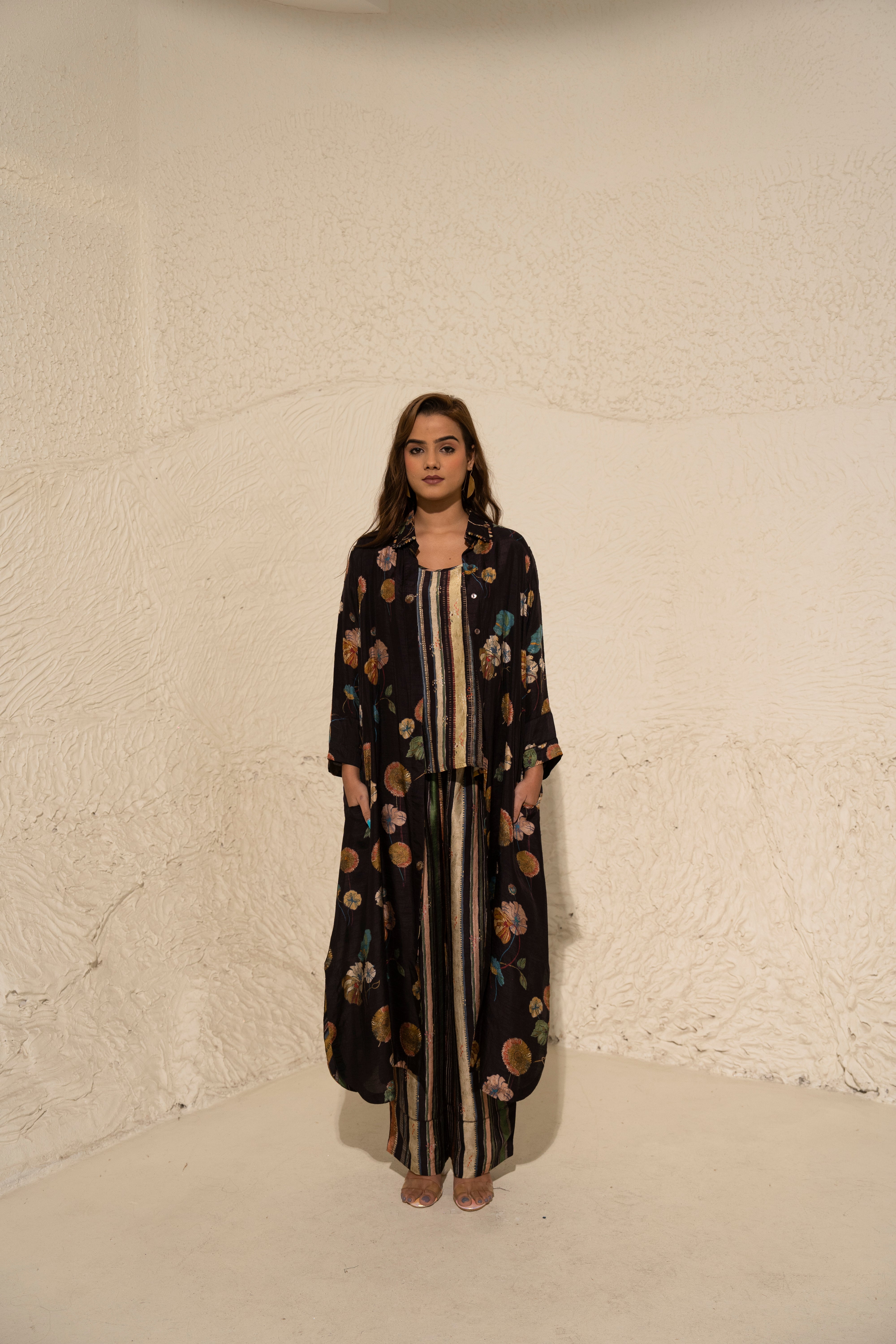 Brown Floral Art Jacket with top and pant (3 Pc)