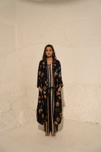 Brown Floral Art Jacket with top and pant (3 Pc)