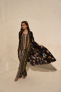 Brown Floral Art Jacket with top and pant (3 Pc)