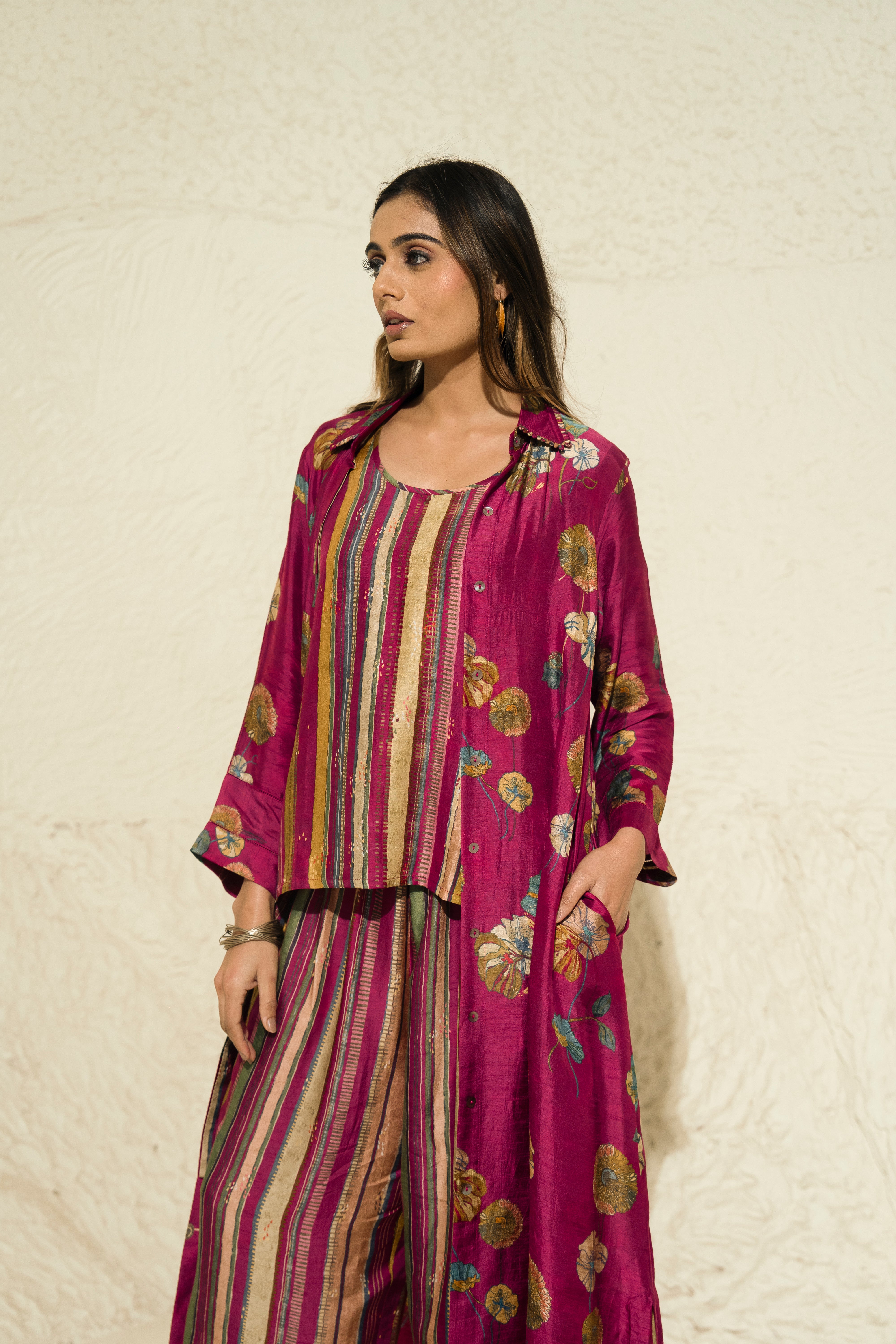 Maroon Floral Art Jacket with top and pant (3 Pc)