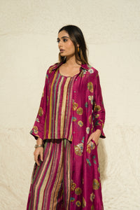 Maroon Floral Art Jacket with top and pant (3 Pc)