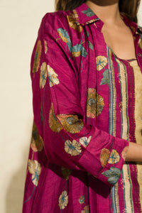 Maroon Floral Art Jacket with top and pant (3 Pc)
