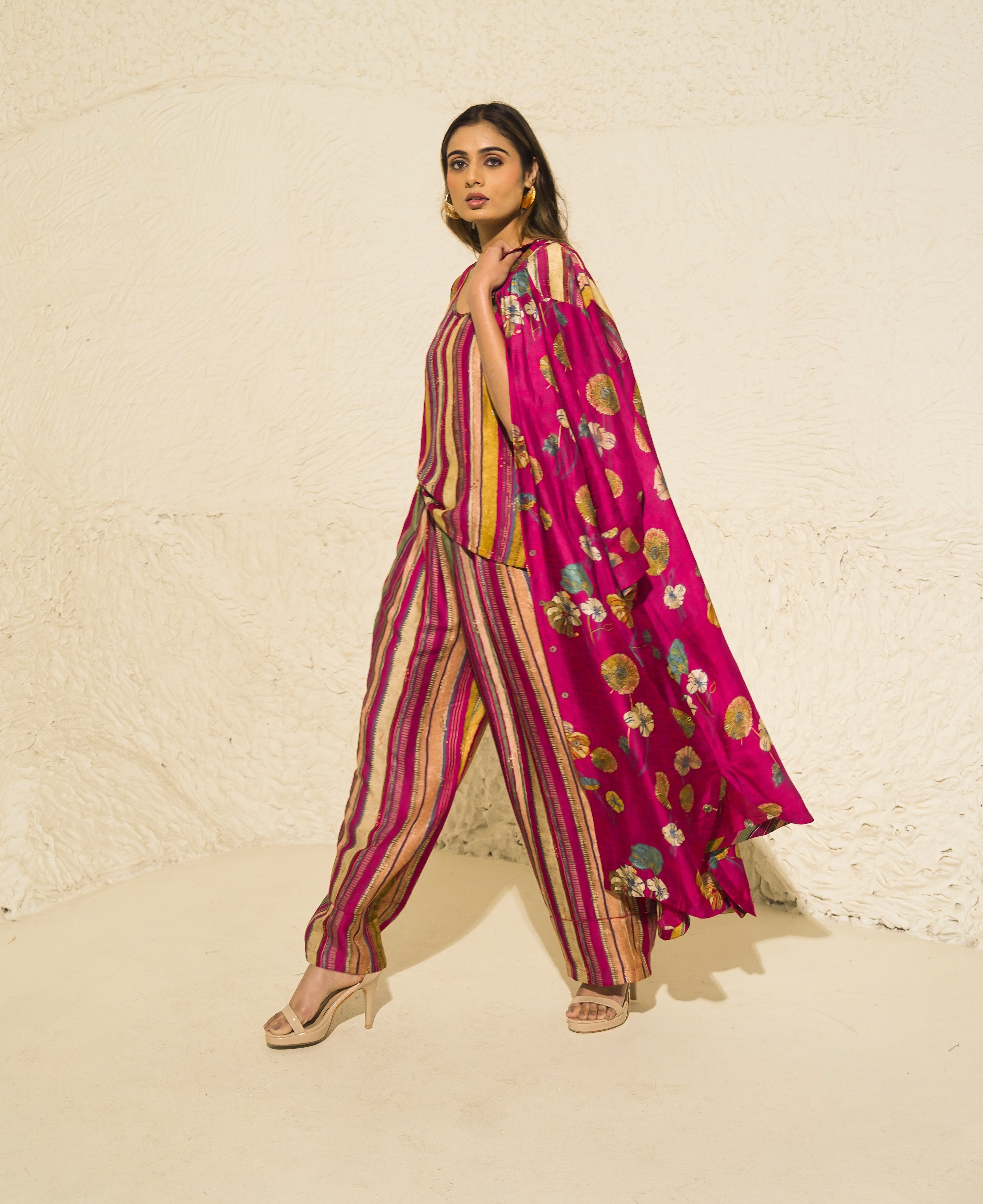 Maroon Floral Art Jacket with top and pant (3 Pc)