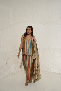 Beige Floral Art Jacket with top and pant (3 Pc)