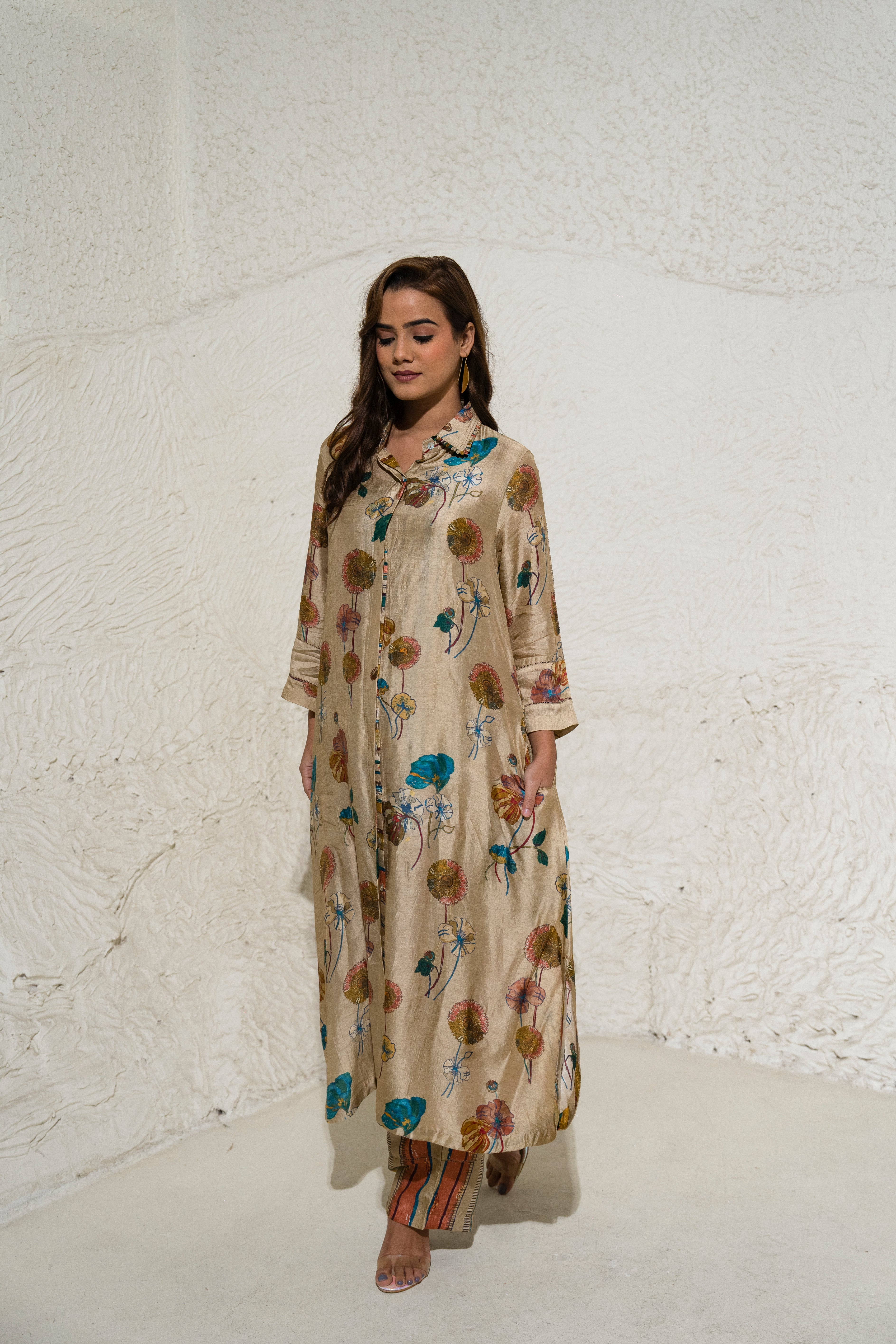 Beige Floral Art Jacket with top and pant (3 Pc)