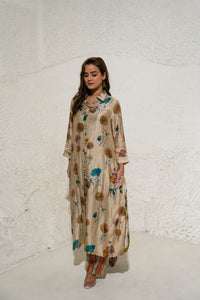 Beige Floral Art Jacket with top and pant (3 Pc)