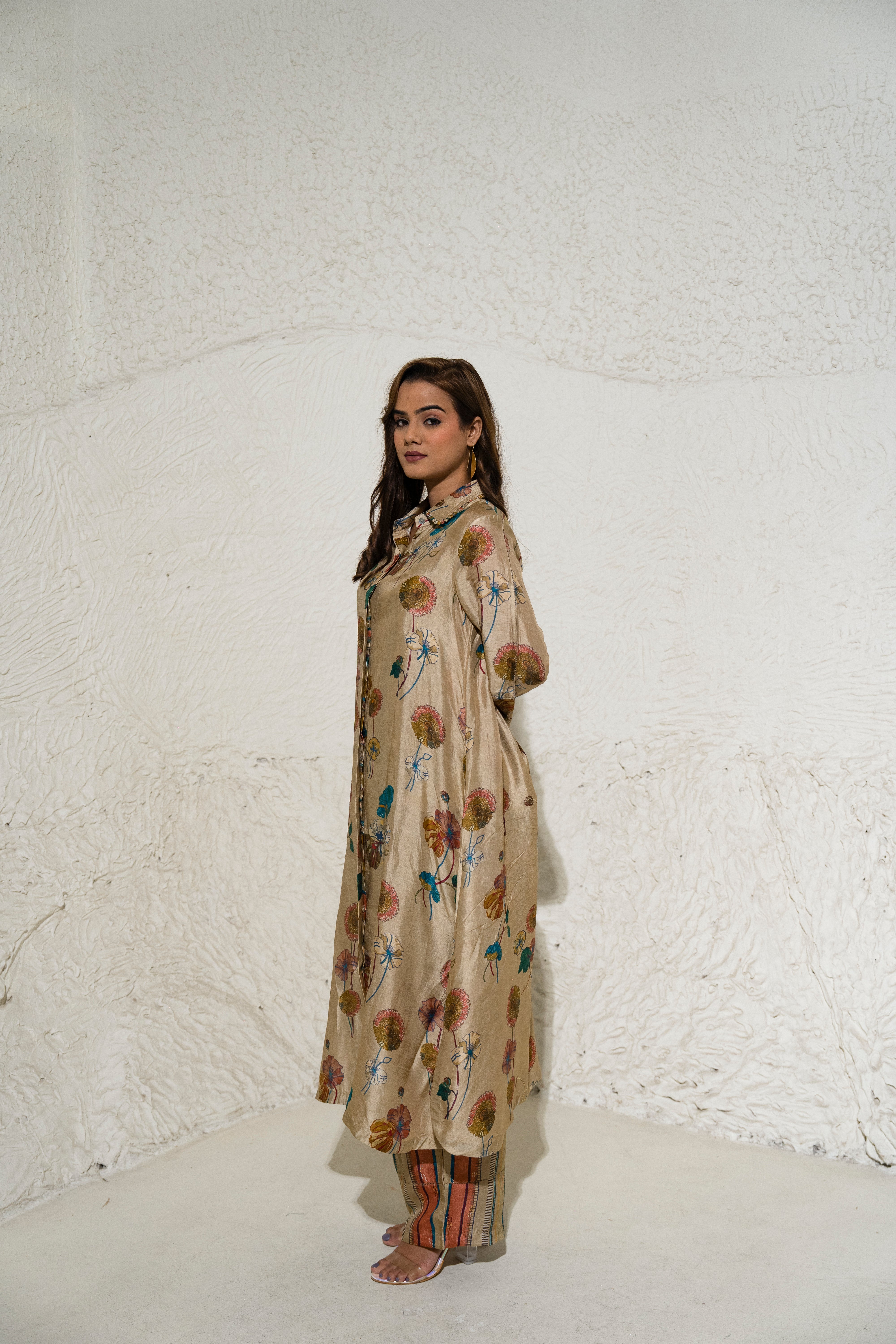 Beige Floral Art Jacket with top and pant (3 Pc)
