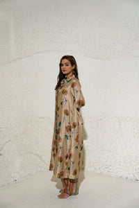 Beige Floral Art Jacket with top and pant (3 Pc)
