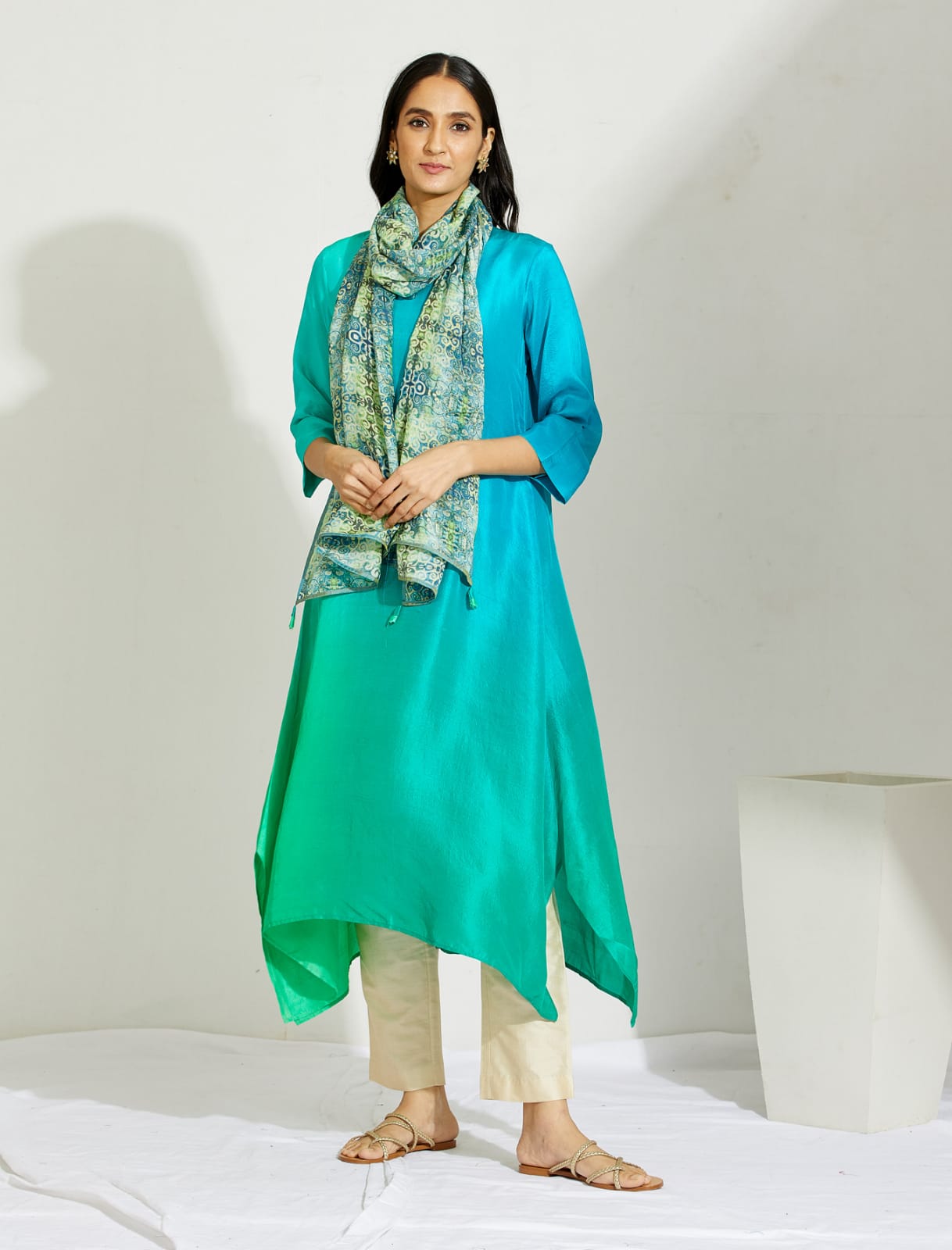 Bright Green Blue Ombre Kurta Dress with printed Stole