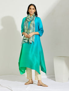 Bright Green Blue Ombre Kurta Dress with printed Stole.