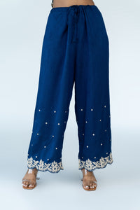 Navy Blue Embroidered Scallop Pants