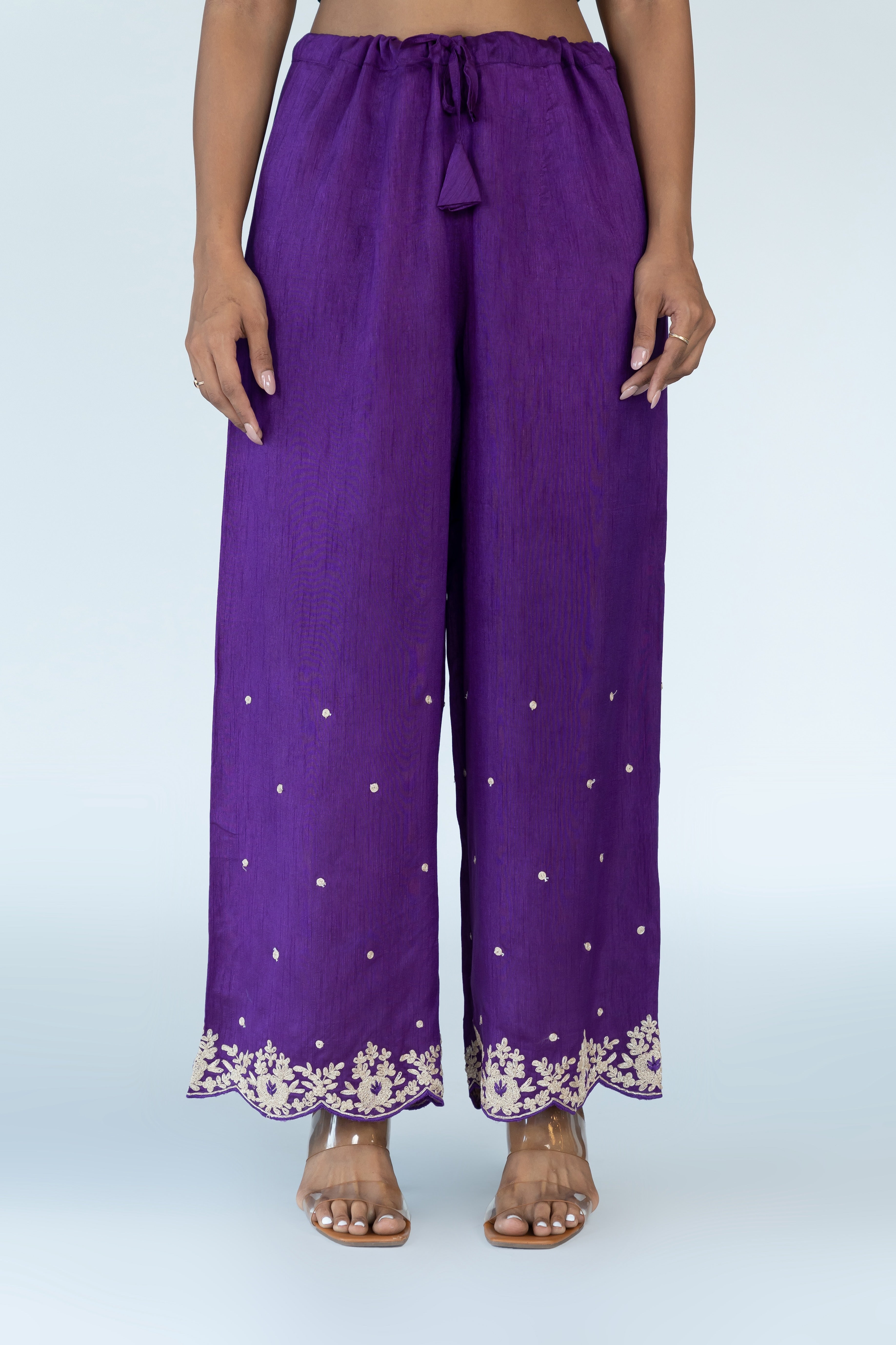 Purple Embroidered Scallop Pants