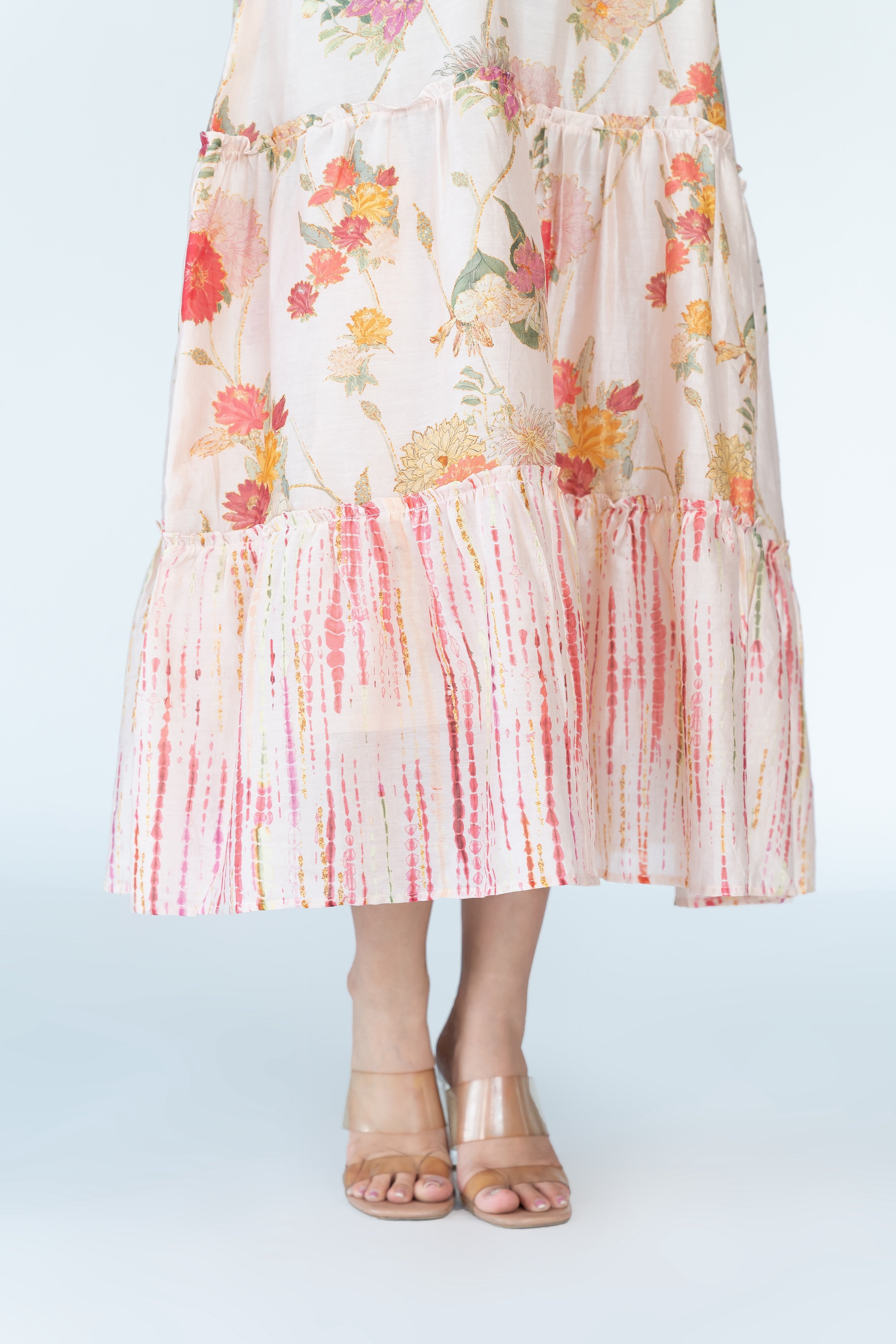 Salmon Pink Summer Chanderi Dress with Cape