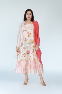 Salmon Pink Summer Chanderi Dress with Cape
