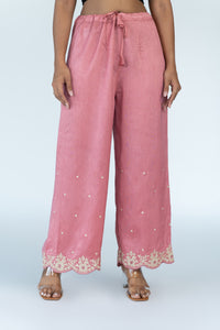 Salmon Pink Embroidered Scallop Pants