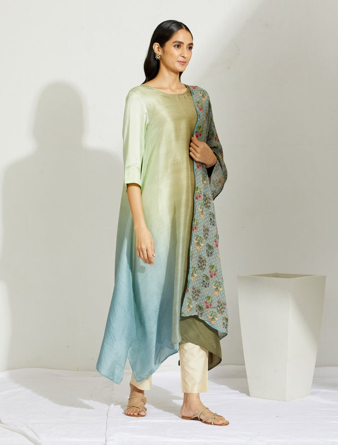 Olive Pista Asymmetric Dupion Silk Ombre Kurta With Silk Printed Stole