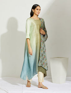 Olive Pista Asymmetric Dupion Silk Ombre Kurta With Silk Printed Stole