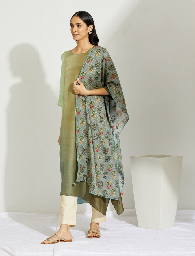 Olive Pista Asymmetric Dupion Silk Ombre Kurta With Silk Printed Stole