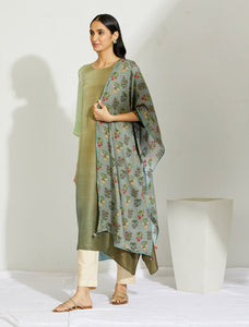 Olive Pista Asymmetric Dupion Silk Ombre Kurta With Silk Printed Stole