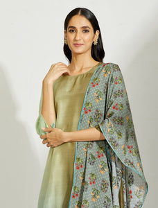 Olive Pista Asymmetric Dupion Silk Ombre Kurta With Silk Printed Stole