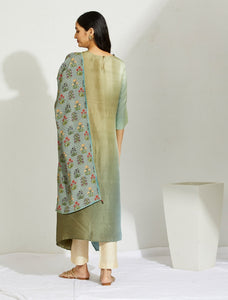 Olive Pista Asymmetric Dupion Silk Ombre Kurta With Silk Printed Stole