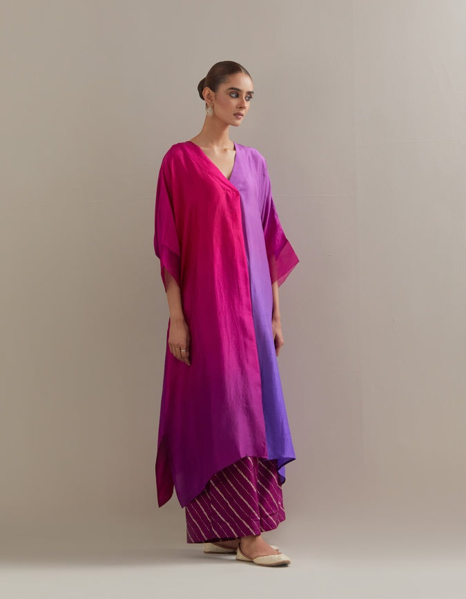 Brinjal Burgundy Ombre Kaftan with Brocade pants (2pc)