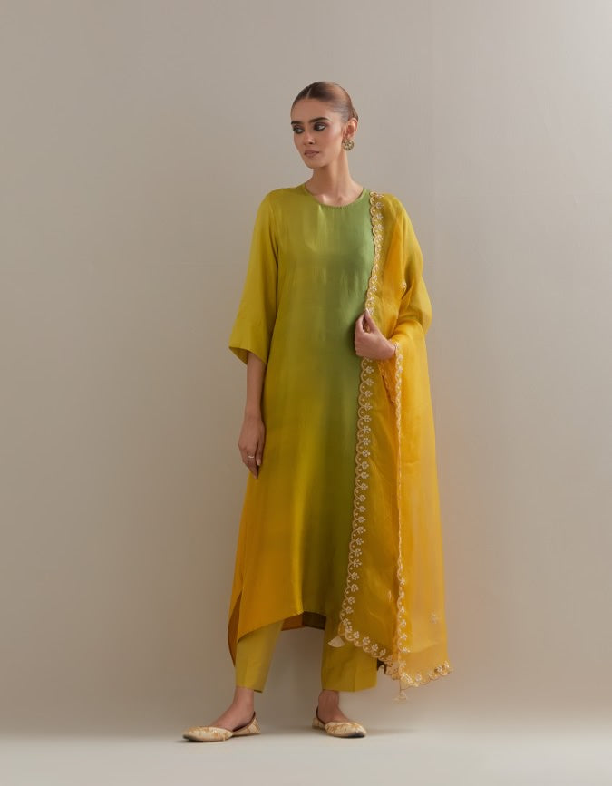 Sage Mustard Ombre Kurta with Scalloped Organza Dupatta and pants