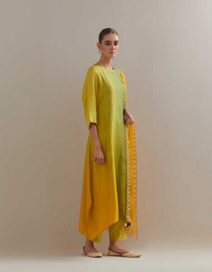Sage Mustard Ombre Kurta with Scalloped Organza Dupatta and pants