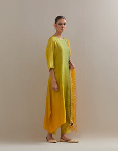 Sage Mustard Ombre Kurta with Scalloped Organza Dupatta and pants