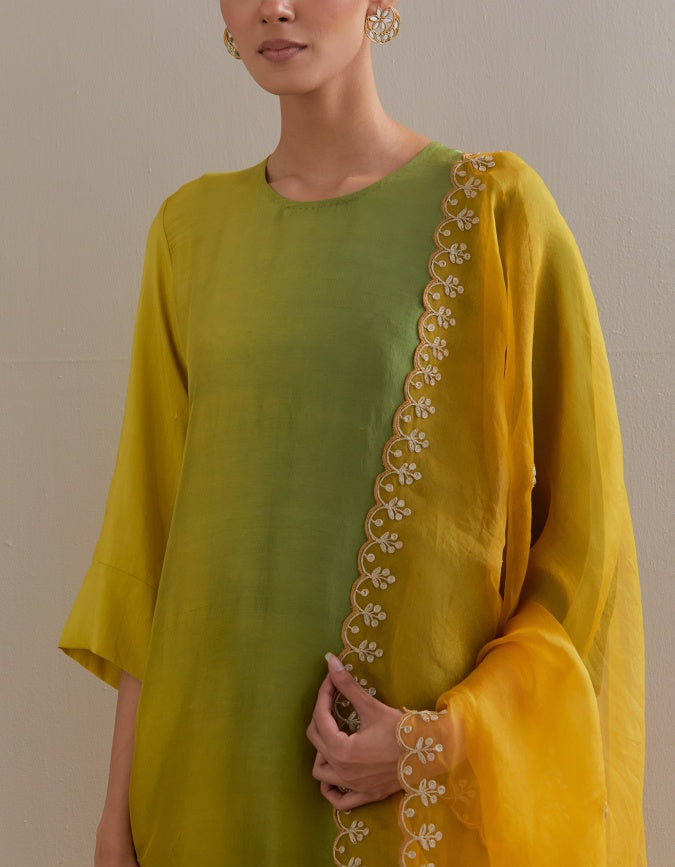 Sage Mustard Ombre Kurta with Scalloped Organza Dupatta and pants