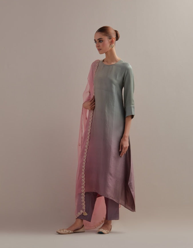 Sea Green Mauve Ombre Kurta with Scalloped Organza Dupatta and pants