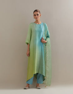 Olive Pista Green Ombre Kurta with Scalloped Organza Dupatta and pants