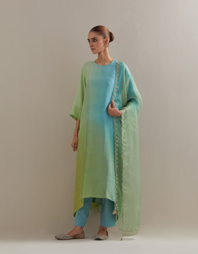 Olive Pista Green Ombre Kurta with Scalloped Organza Dupatta and pants