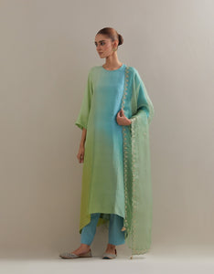 Olive Pista Green Ombre Kurta with Scalloped Organza Dupatta and pants