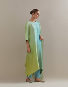 Olive Pista Green Ombre Kurta with Scalloped Organza Dupatta and pants