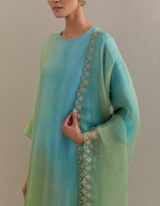 Olive Pista Green Ombre Kurta with Scalloped Organza Dupatta and pants