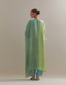 Olive Pista Green Ombre Kurta with Scalloped Organza Dupatta and pants