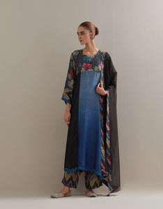Black Indigo Ombre Kali mix and match Kurta set with dupatta and pants