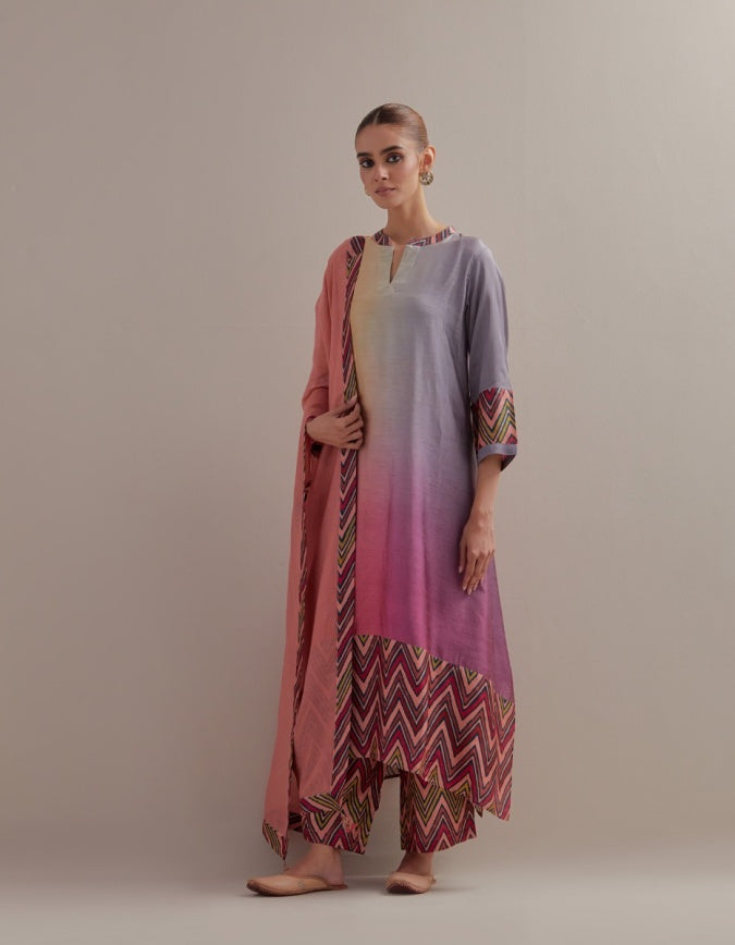 Peach Beige Ombre mix and match Kurta set with dupatta and pants