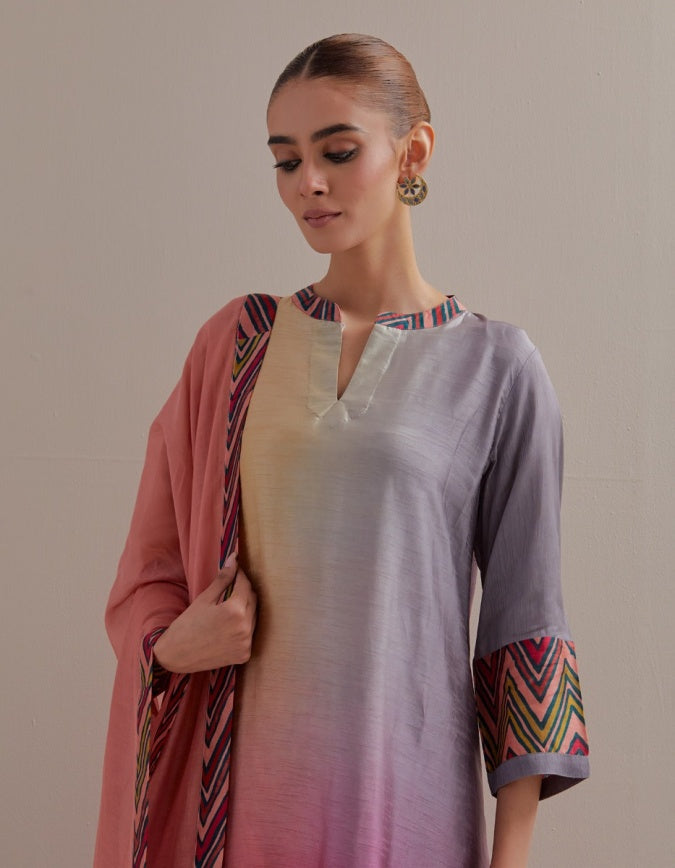 Peach Beige Ombre mix and match Kurta set with dupatta and pants
