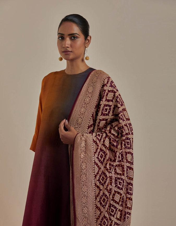 Maroon Navy Rust Ombre Kurta with heavy Banarasi Bandhej Dupatta
