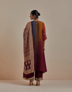 Maroon Navy Rust Ombre Kurta with heavy Banarasi Bandhej Dupatta