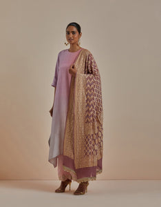 Grey Peach Mauve Ombre Kurta with heavy Banarasi Bandhej Dupatta