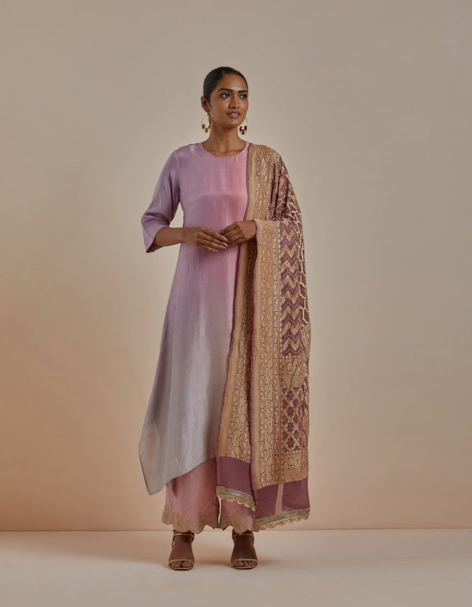 Grey Peach Mauve Ombre Kurta with heavy Banarasi Bandhej Dupatta
