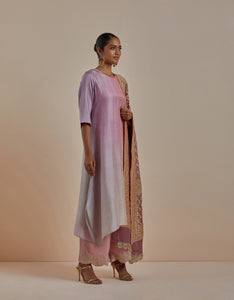 Grey Peach Mauve Ombre Kurta with heavy Banarasi Bandhej Dupatta